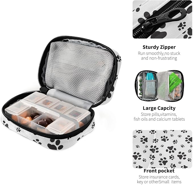Pill Box Dog Paw 7 Day Pill Case Travel Pill Organizer Bag with Zipper Portable Weekly Vitamin Medicine Supplement Holder Pouch Bag