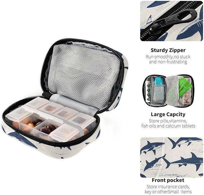 Pattern Sharks Travel Pill Case, Weekly Pill Boxes 7 Days Portable Pill Organizer Supplement Holder
