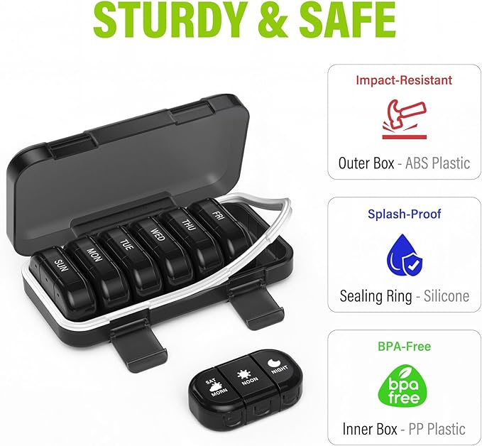 Vikie Weekly Pill Organizer 3 Times a Day with Morn NOON Night Sections, BPA-Free, Portable & Moisture-Proof for Pills, Vitamins, Supplements (3x7 Black)