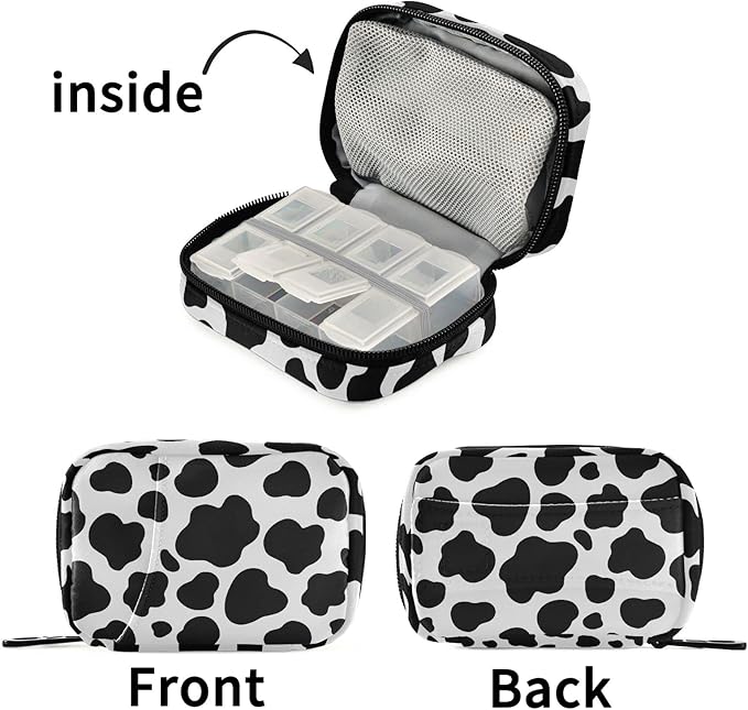 Cow Print Pill Case, Weekly Portable Pill Bag Container 7 Days Pill Box Organizer Vitamin Supplement Holder with Zipper for Travel Family Business