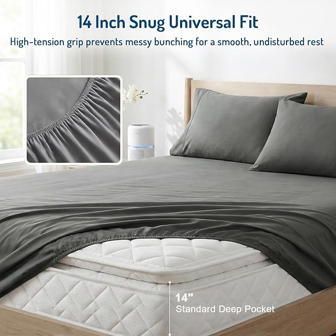 Degrees of Comfort Coolmax® Cooling Bed Sheets Full Size for Hot Sleepers, Moisture Wicking Sheet Set for Night Sweats, Deep Pocket, Ultra Soft, Cozy for All Seasons, Grey 4 Pieces