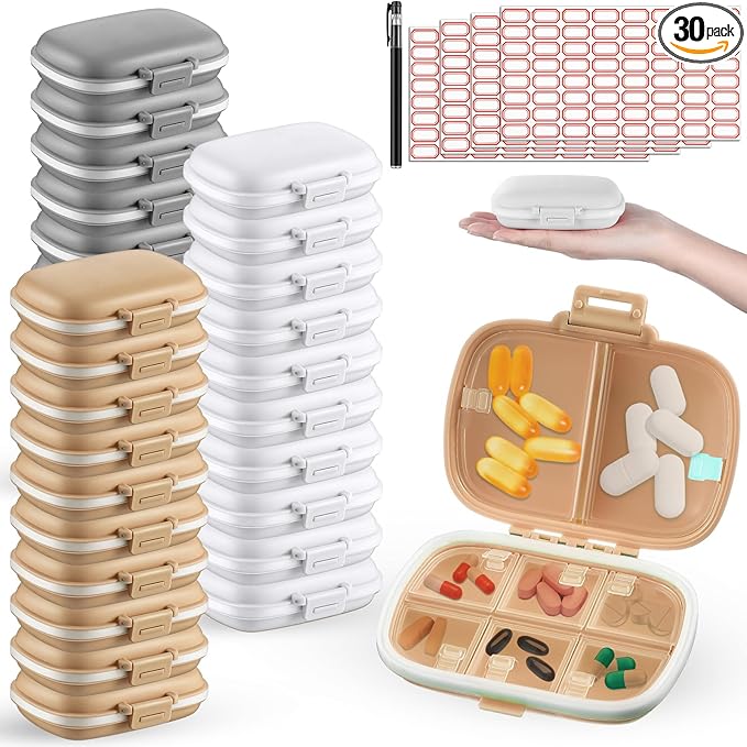 Layhit 30 Pcs Travel Pill Organizer Bulk with Labels Portable Daily Pill Dispenser 8 Compartments Medicine Storage Case for Vitamins, Fish Oils, Supplements (White,Gray,Khaki)
