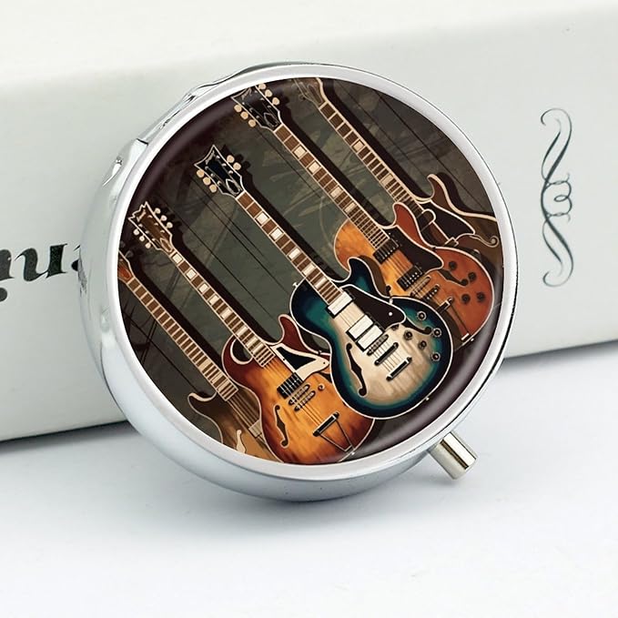 Guitars Art Pill Box 3 Compartment Small, Personalized Pill Organizer with Mirror, Portable Pill Case for Pocket Or Purse, Round Pill Containe Travel Gifts, Pill Holder