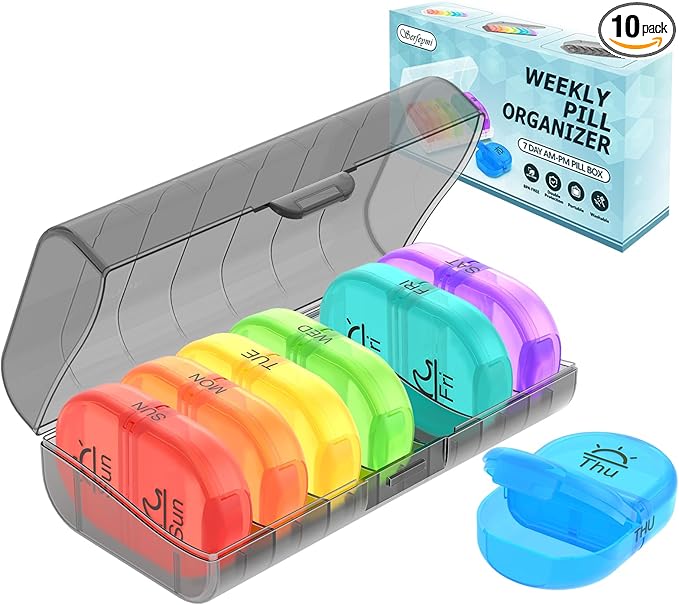 Serfeymi Weekly Pill Organizer 2 Times a Day Travel Medicine Pill Organizer AM PM Pill Box 7 Day with Protection Pill Case Daily Medication Organizer For Vitamins, Fish Oil-Black Case+Rainbow Pill box