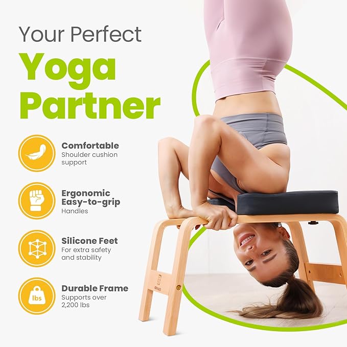 Yoga Headstand Bench, Stand Yoga Chair for Balance Training, Core Strength Building, Upside Down Chair for Relaxation, Handstand Trainer Inversion Chair for Home Gym (Wood Black)