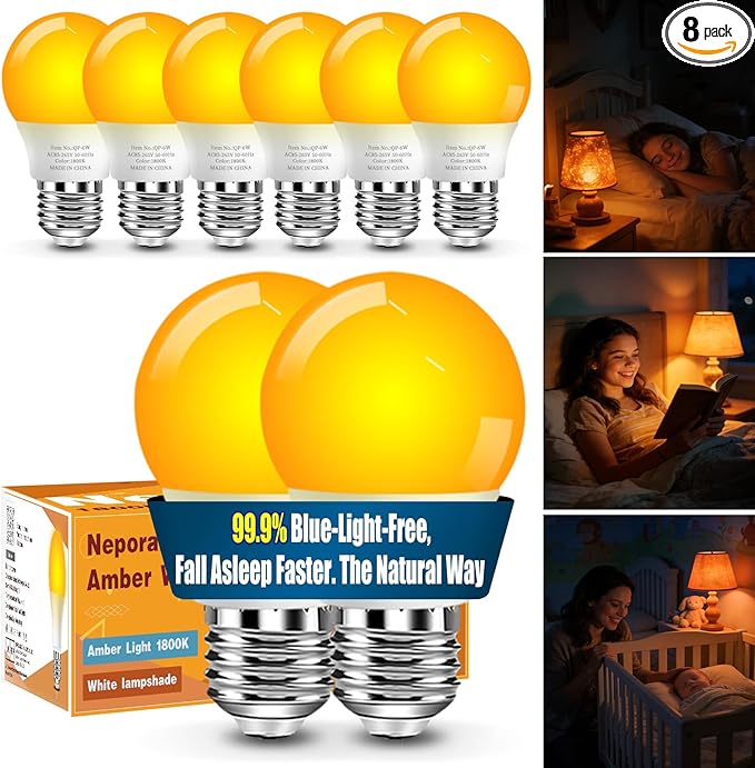Neporal 1800K Amber Sleep Light Bulbs 8PK, 99.96% Blue Blocking Soft Warm Light Bulbs for Melatonin Promoting, A15 6W 40W Equivalent Amber Night Light E26 for Bedroom, Baby Nursery, Reading