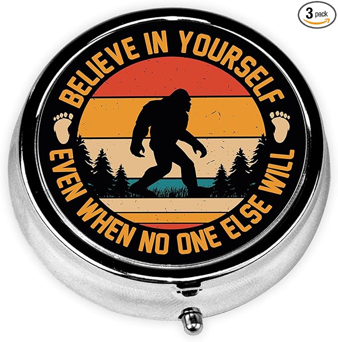 Bigfoot Pill Box 3 Compartment Small Pill Case,Portable for Pocket or Purse Pill Organizer Pill Container Holder with Mirror to Hold Vitamins, Medication, Fish Oil and Supplements
