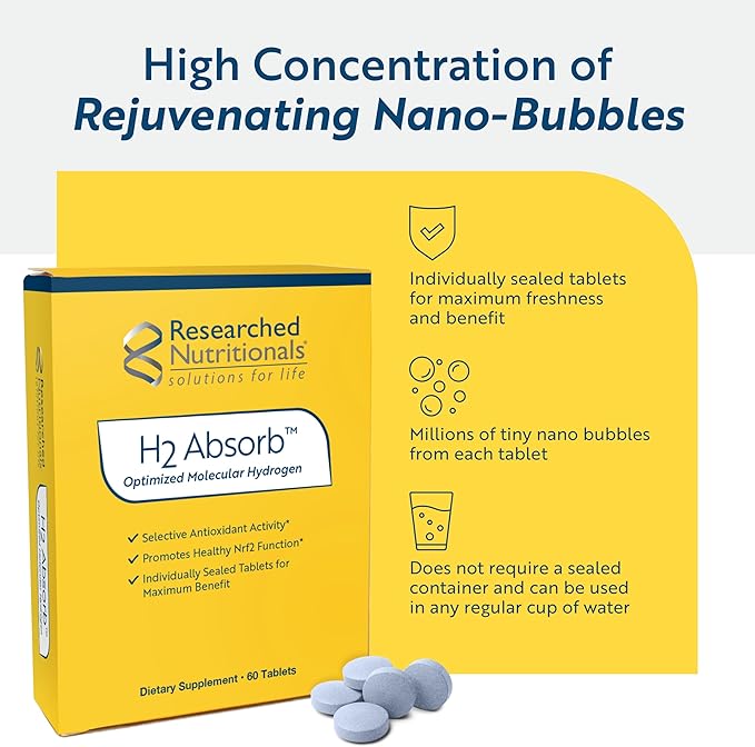 Researched Nutritionals H2 Absorb Molecular Hydrogen Tablets - Instant Hydrogenated Water & Antioxidant Supplement - Rejuvenating Drink to Promote Energy & Healthy Aging (60 Tablets)
