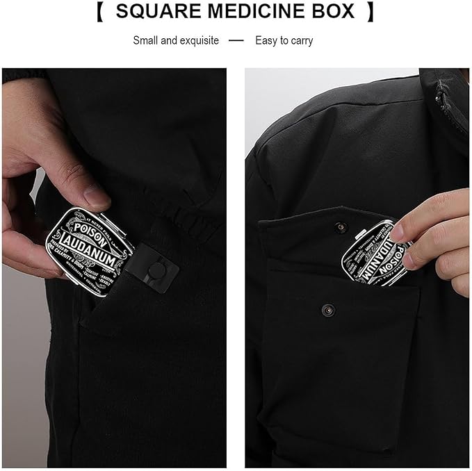 Metal 2 Compartment Pill Organizer Travel Friendly Portable Compact Pill Box Cute Pill Case,for Pocket Wallets Daily Portable Medicine Vitamin Tablet Storage (Black Background)