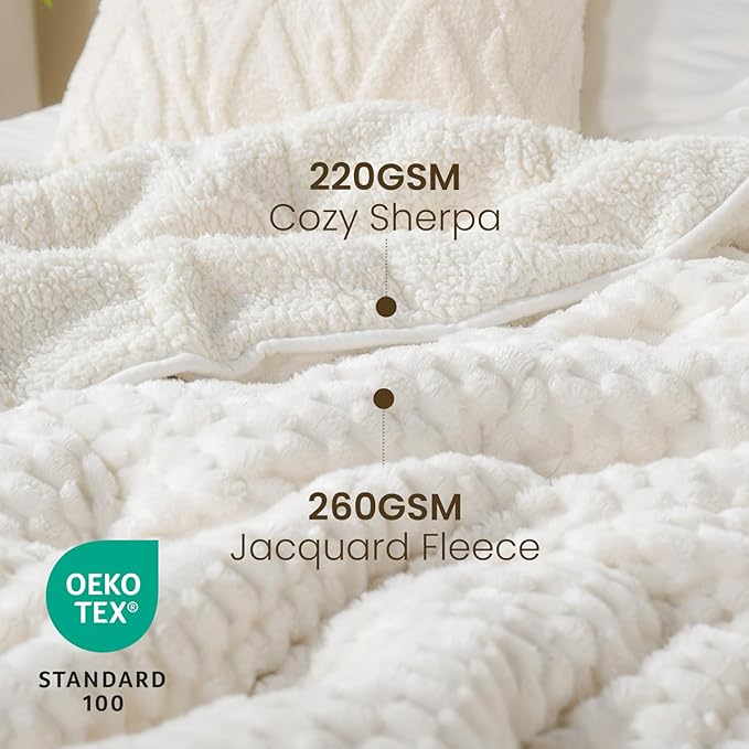 Drewin Weighted Blanket 15lbs, Adult Weighted Blankets with Double-Sided Shaggy Sherpa, Soft Plush Jacquard Bed Blanket for Sleeping and Calming, Ceramic Beads, Cream White, 48 x 72 inches