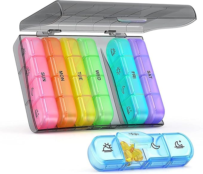 SPRING SEAON Weekly Pill Organizer Travel Pill Case Vitamins Box for Pills 3 Times a Day Extra Large Capacity Durable Hinge Easy Open Lids Medicine Container (Black & Colorful Options)