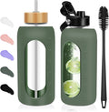 Glass Water Bottles 64 oz - Half Gallon Large Motivational Daily Water Intake Bottle Time Marker - Glass Water Bottle With Straw, Silicone Sleeve 2 Lids, Handle Spout & Bamboo Lid(Olive)