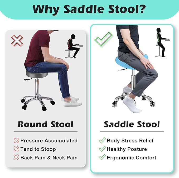 Saddle Stool with wheels Ergonomic - Heavy Duty 400lbs, Upgraded Thick Saddle Cushion, Healthy Posture Correction, Swivel Adjustable Rolling Saddle Stool, Saddle Chair for Salon Massage Home (Blue)