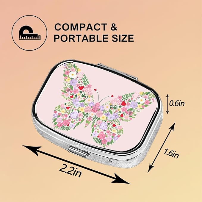 Square Pill Case Small Pill Box with Mirror Pocket 2 Compartment Vitamin Pill Medicine Case Organizer Pill Containers for Traveling Flowers Form Butterfly