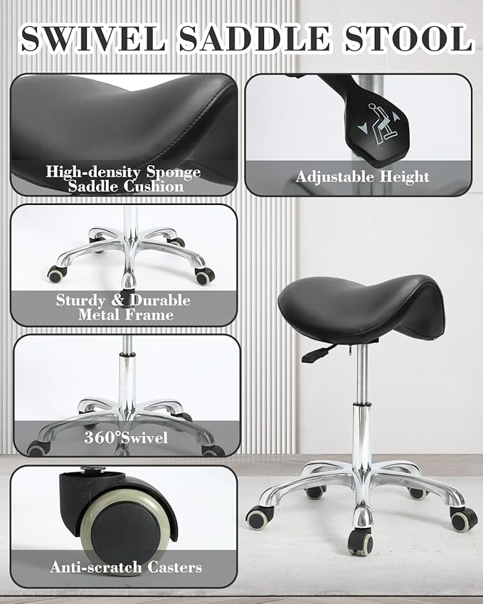 Conforms to ergonomics, with a Saddle Stool That can be Tilted and a Rotating Stool with Hydraulic Lifting Height Adjustment, Suitable for Office, Black