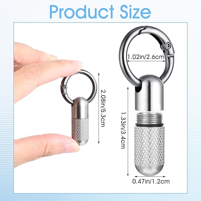 Small Pill Case Keychain Tiny Portable Carabiner Clip Pill Holder Bottle Micro Waterproof Metal Pill Container Mini Emergency Medicine Organizer (Silver Reticulation)