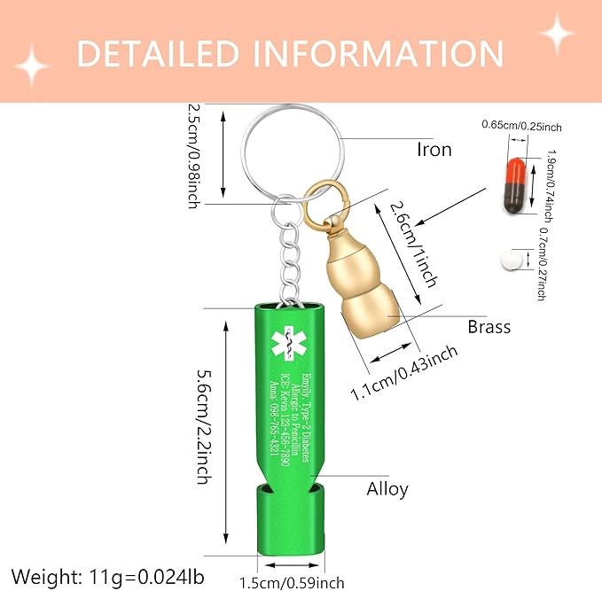 Medical Keychain with Gourd Pill Case – High Pitch Dual Tube Survival Whistle YA6000