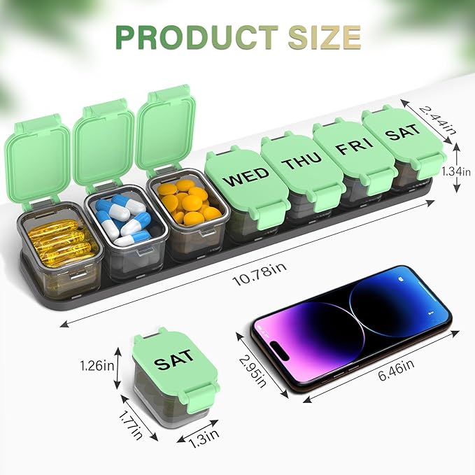 Extra Large Weekly Pill Organizer - XL Vitamin Holder with 7 Detachable Compartments, Portable Medicine Pill Organizer for Supplements, Daily Pill Case for Home and Travel,Green