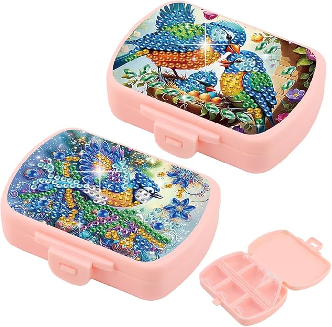 C'eitura 2pcs DIY Colorful Bird Diamond Art Painting Pink Pill Organizer with 6 Lid Detachable Compartments, Fun DIY Craft Project for Adults, Elegant Pill Case for Purse & Travel
