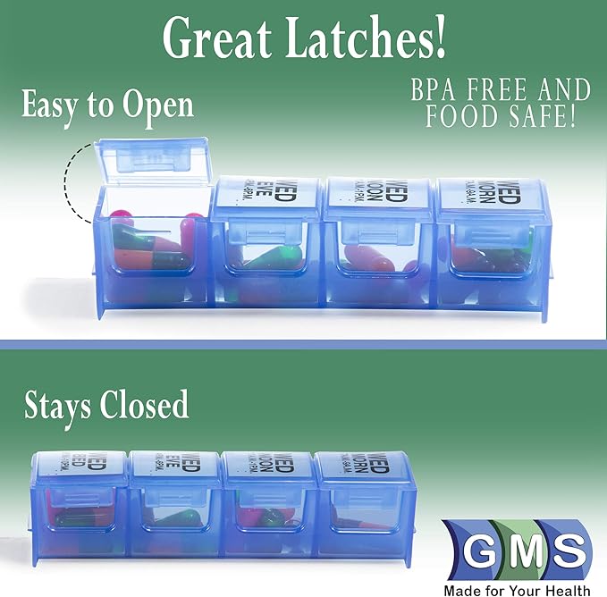 GMS 4 Times Per Day Weekly Slant Tray Pill Organizer - Includes 7 Removable Pill Boxes for Organizing and Reminding Medications While Traveling, Working, and Other Daily Activities(Rainbow)