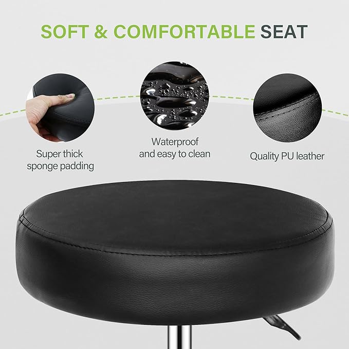 F2C PU Leather Round Salon Stool with Metal 5 Star Base and Wheels, Height Adjustable Hydraulic Bar Swivel Rolling Facial Massage Spa Task Chairs Black