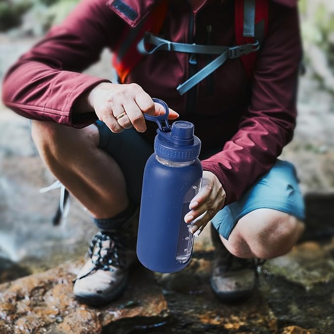 32 oz Glass Water Bottle with Straw and Handle, Sports Motivational Water Flask with Silicone Sleeve, Large Leakproof Water Flask Cup with Time Marker for Travel, Gym, Army Green