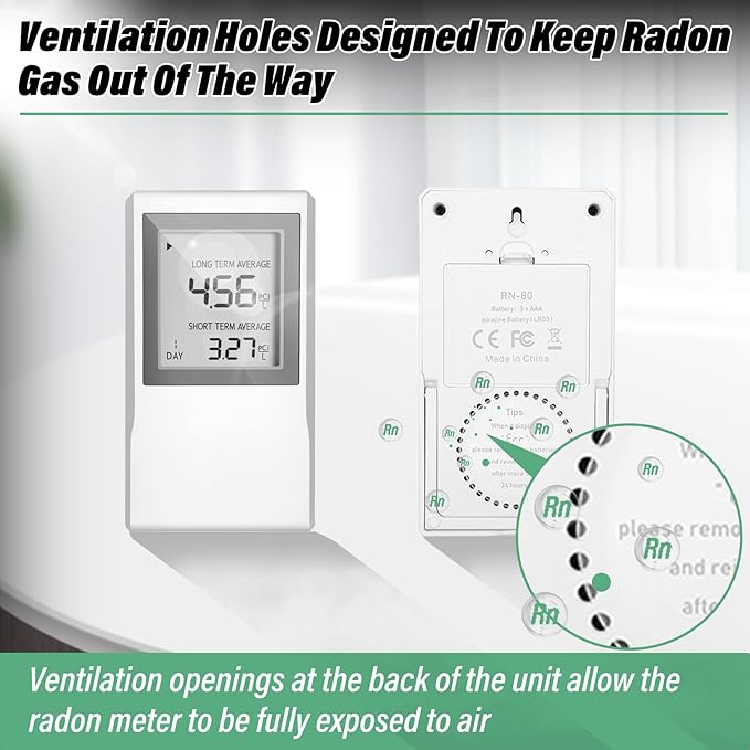 Radon Detector for Home, Allows Short and Long Term Monitoring of Radon Levels in The Air, Dual use for Hanging and Tabletop Placement, US Version-Pci/L,Radon Detector,Home Radon (White)