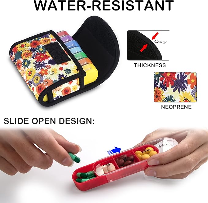 bvya Pill Organizer Case, Weekly Travel Pill Case Medication Reminder Daily AM PM, Day Night 7 Compartments,for 4 Times A Day, 7 Days a Week-Includes Printed Patterns Neoprene Carrying Case