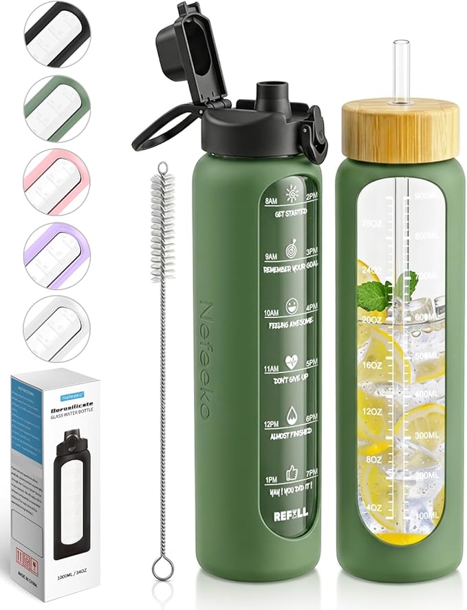 Nefeeko 32 oz Glass Water Bottles with Straw, Time Marker, Motivational 1 Liter BPA FREE Leakproof Reusable Glass Water Bottle with Silicone Sleeve, Bamboo, Spout Lid