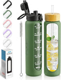 Nefeeko 32 oz Glass Water Bottles with Straw, Time Marker, Motivational 1 Liter BPA FREE Leakproof Reusable Glass Water Bottle with Silicone Sleeve, Bamboo, Spout Lid