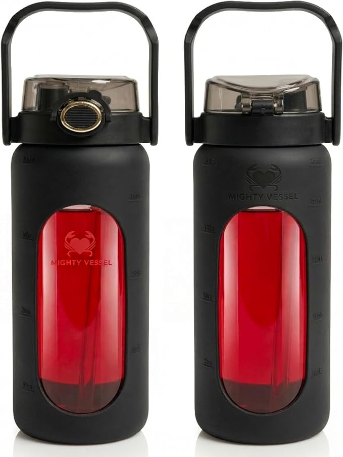 32 oz Glass Water Bottle – Black | Durable Borosilicate with Straw, Silicone Sleeve & Time Markers – Leakproof, Portable, for Gym, Office, Daily Hydration