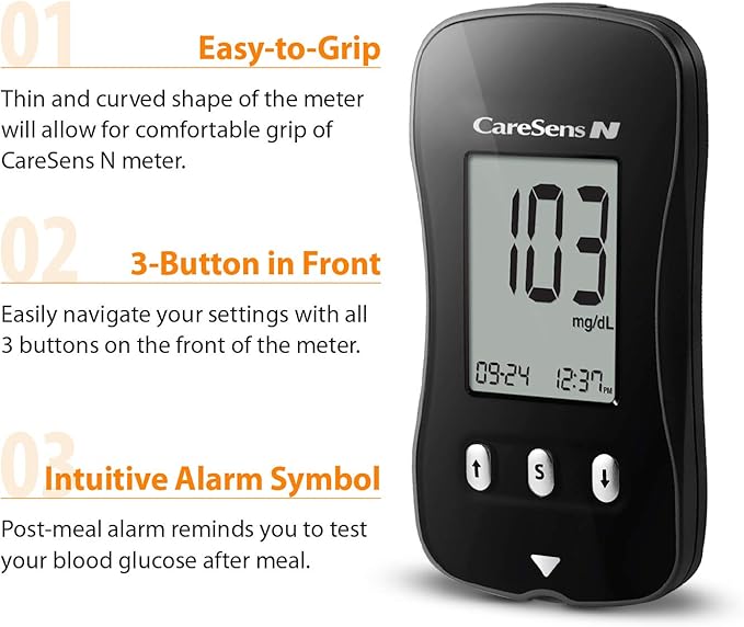 CareSens N Blood Glucose Monitoring Meter (Auto Coding) - 1 Diabetes Blood Glucose Meter, 1 User Guide, 1 Quick Reference guide, 1 Case & 2 CR 2032 Batteries