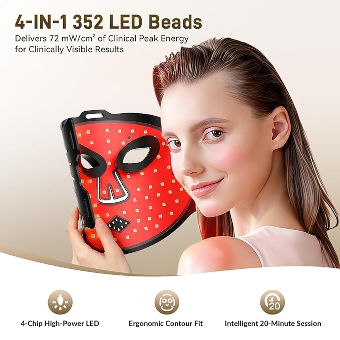 HSA FSA Red Light Therapy for Face, 4-in-1 Colors LED Facial Light Therapy Mask, Dual 2000mAh Rechargeable Light Therapy with Timer for Home Use