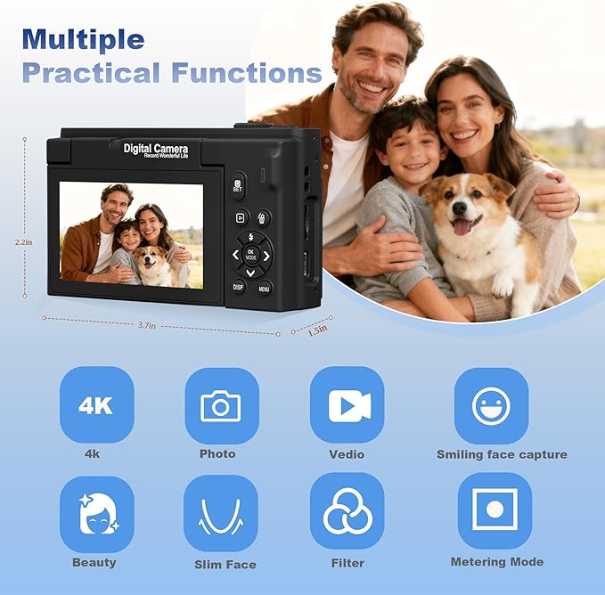 4K Digital Camera for Photography, 64MP WiFi Vlogging Camera with 180° Flip Screen, Point and Shoot Camera for YouTube, Beginner Camera with Beauty Mode & 64GB SD Card