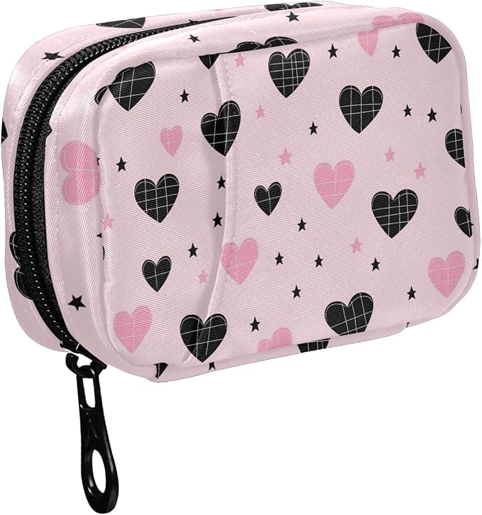 Fustylead Cute Pink and Black Heart with Grid Design Travel Pill Organizer Bag with Zipper Small Pill Box 7 Day Pill Case for Purse Storage Weekly Vitamin Medicine Supplement