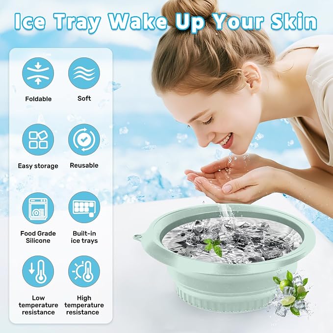 Face Tub for Ice Bath with Built-in Ice Tray – Collapsible Silicone Facial Ice Bath Bowl for Cold Plunge Therapy, Skin Tightening & Acne Relief – Portable Spa Tool for Home & Travel(Green)