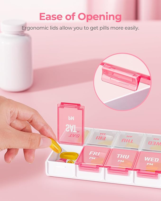 Weekly Pill Organizer 2 Times a Day, Stylish Pill Box 7 Day AM PM with Large Compartments, Pill Case Easy to Use, BPA-Free Pill Container for Vitamins, Fish Oils, Supplements, Medicines, Pink