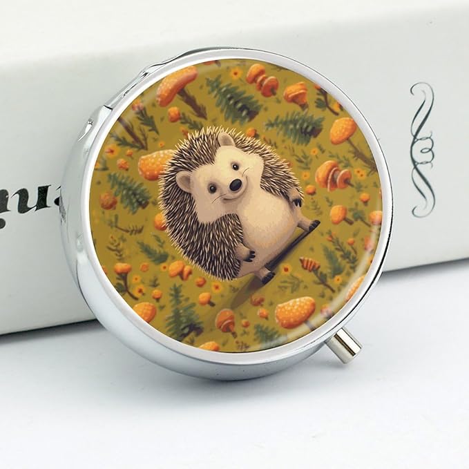 Hedgehog Pill Box Travel Pill Case for Purse Pocket Weekly Medicine Organizer with Mirror 3 Compartment Round Medicine Case Portable PillcaseHolder for Daily