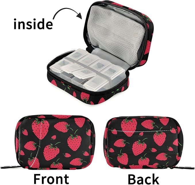 Strawberry Fruit Pill Box 7 Day Pill Case Travel Pill Organizer Bag Container for Medicine with Zipper Portable Weekly Case Compact Size for Medicine, Vitamin, Supplement