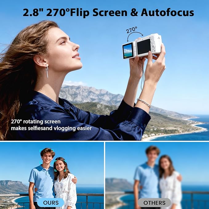 4K Digital Camera with Flip Screen, CCD Camera for Students, Compact Travel Cameras for Photography, 18X Digital Zoom Vlogging Cameras for YouTube, Ideal for Bignners Boys Girls Kids