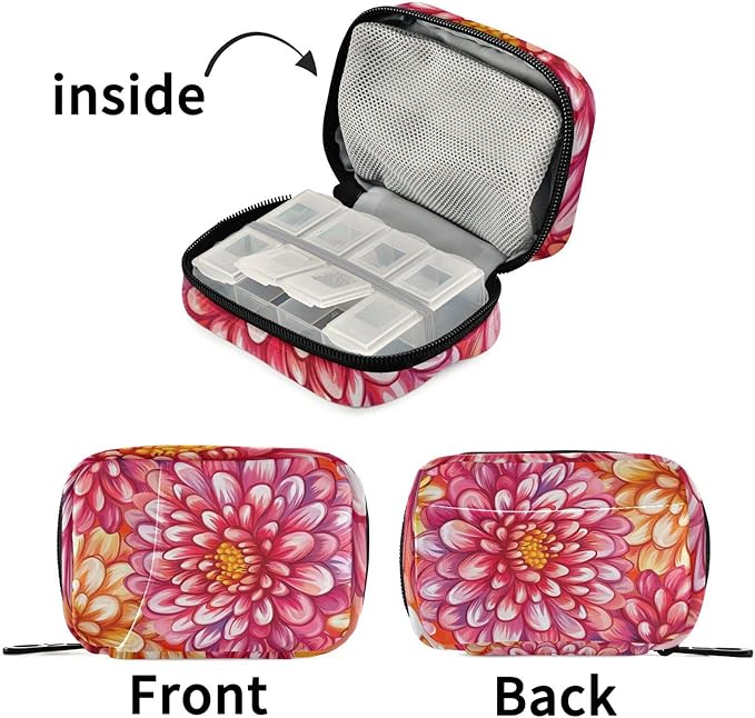 Pink and Orange Chrysanthemum Flowers Cute Pill Organizer Weekly Travel Pill Box 7 Day Large Capacity Pill Dispenser Case with 8 Pill Container Daily Pill Box Organizer Vitamin Holder Pill Bot