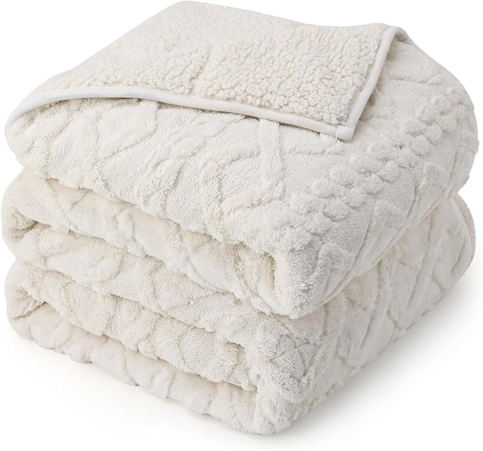 Weighted Blanket for Adults Twin Size 15 lbs, Classy Soft Jacquard Sherpa Weighted Blankets for Sofa Bed, Soft Cozy Heavy Blanket for Winter, 48 x 72 inches, Cream White