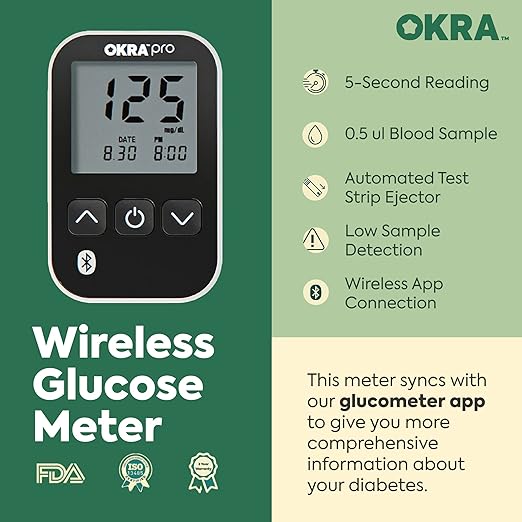 OKRA PRO Blood Glucose Monitor Kit Bundle – Meter, Lancing Device, 125 Test Strips & 125 Lancets, Fast & Accurate Diabetes Testing System with App Tracking