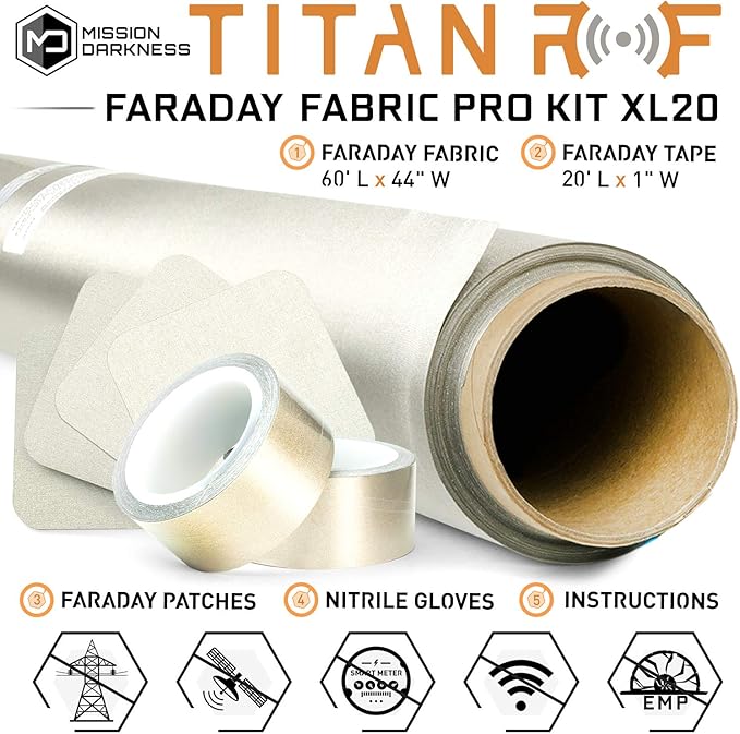 Mission Darkness TitanRF Faraday Fabric Pro Construction Kit 20 Yards // 44" W x 60'L Fabric + 20'L Tape Military Grade Conductive Material Blocks RF Signals, WiFi, Cell, Bluetooth, RFID, EMF