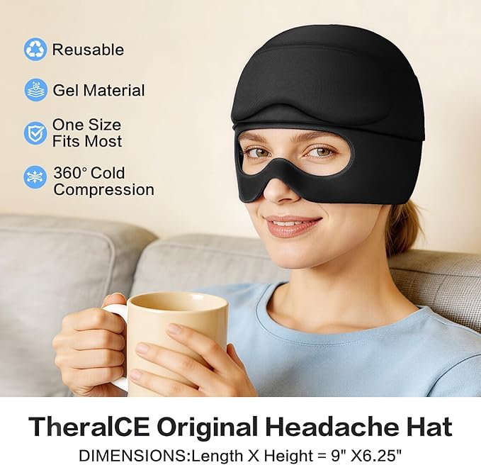 Migraine Relief Cap with Gel Eye Mask, Headache Relief Cap Ice Head Wrap Hot and Cold Therapy Hat, Gel Ice Cap for Headache Puffy Eyes Sinus and Tension Stress Relief (Black)
