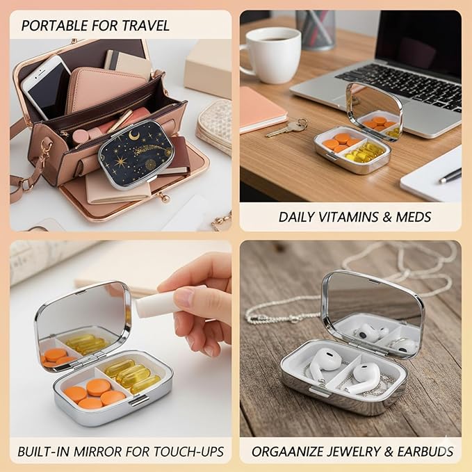 Square Pill Case Small Pill Box with Mirror Pocket 2 Compartment Vitamin Pill Medicine Case Organizer Pill Containers for Traveling Moon and Stars