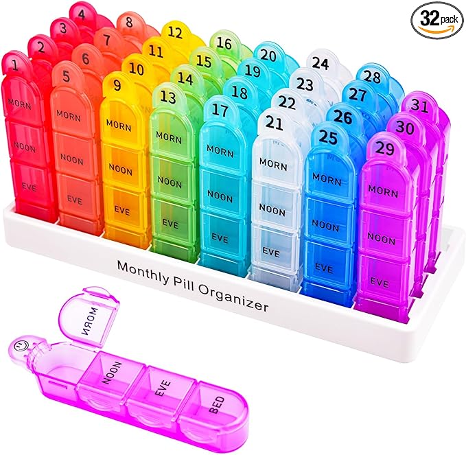 Cruxer Monthly Pill Box Organiser 4 Times a Day, Daily Travel Pill Boxes, Medicine Storage Box, Pill Dispenser 1 Month 32 Compartments, Tablet Organiser to Hold Vitamins, Fish Oil, Supplements