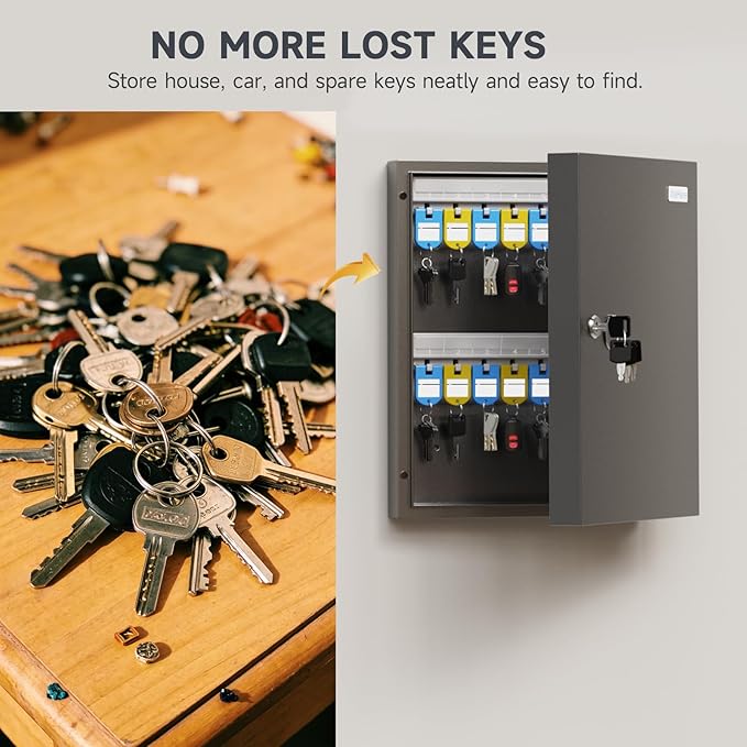 32-Keys Key Lock Box, Wall Mount Key Cabinet with Magnetic Door and Tags, Security Key Holder Lockbox for Home, Garage, Car Key Storage for School, Small Office, Valets, Hotels