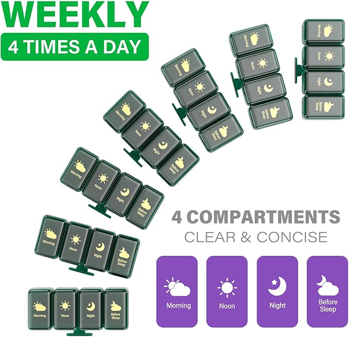 Weekly Pill Organizer 4 Times a Day, Large Compartments Pill Box 4X 7 Day, Medicine Organizer Pill Case for Pills/Vitamins/Fish Oils/Medication/Supplements (4x7 Dark Green)