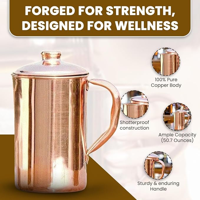 100% Pure Copper Pitcher 50.72 Oz / 1500 ml | Drinking Water Traditional Plain Pitcher With Lid | Copper Jug Handle Water Bottle | Ayurveda Health Benefits | Serving Water in Daily Use